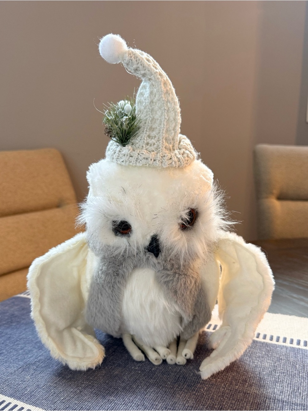 Holiday White Owl with Gray Knit Hat & Scarf